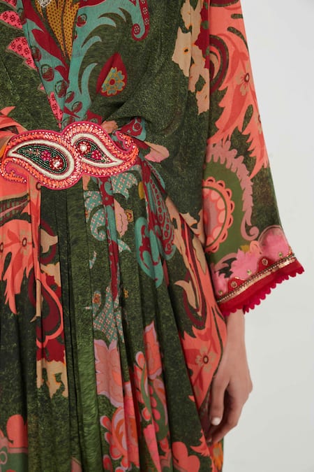 Shop_Siddhartha Bansal_Multi Color Crepe Embroidery V-neck Multicolor Paisley Print Kaftan _Online_at_Aza_Fashions