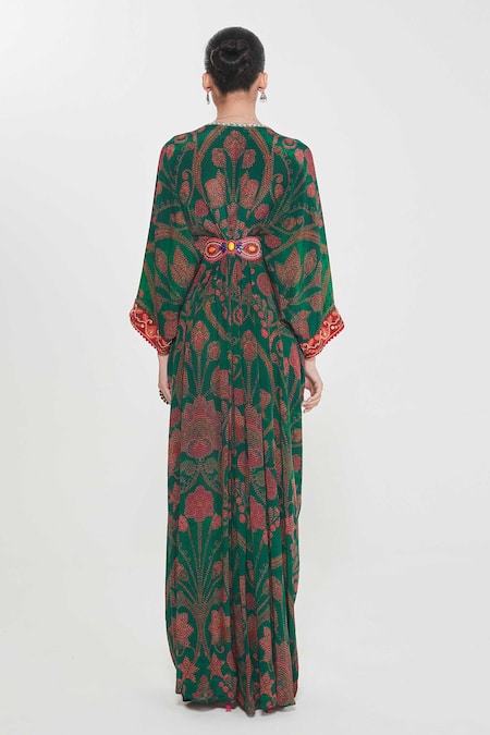 Shop Siddhartha Bansal Green Crepe Tassels V-neck Royal Paisley Floral Kaftan at Aza Fashions Shop_Siddhartha Bansal_Green Crepe Tassels V-neck Royal Paisley Floral Kaftan _at_Aza_Fashions