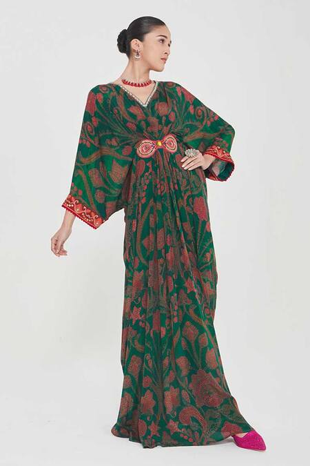 Siddhartha Bansal Green Crepe Tassels V-neck Royal Paisley Floral Kaftan Online at Aza Fashions Siddhartha Bansal_Green Crepe Tassels V-neck Royal Paisley Floral Kaftan _Online_at_Aza_Fashions