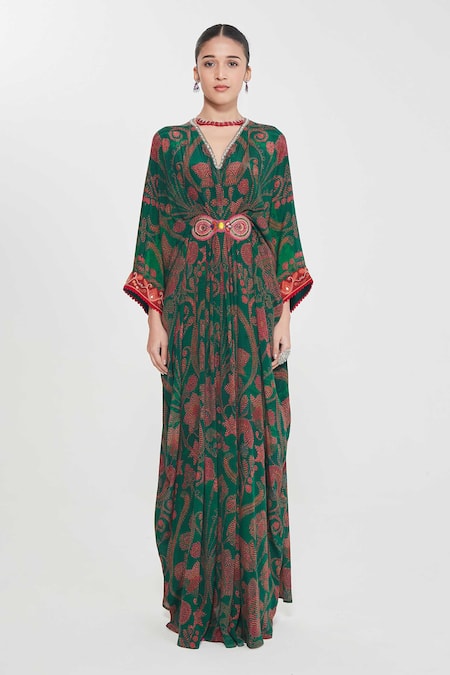 Buy Siddhartha Bansal Green Crepe Tassels V-neck Royal Paisley Floral Kaftan Online at Aza Fashions Buy_Siddhartha Bansal_Green Crepe Tassels V-neck Royal Paisley Floral Kaftan _Online_at_Aza_Fashions