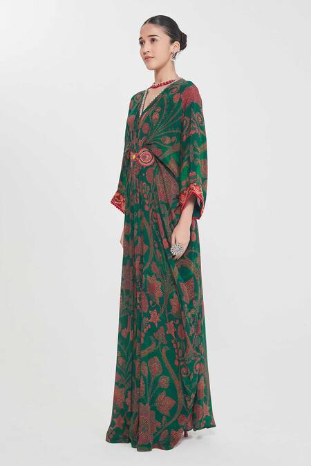 Shop Siddhartha Bansal Green Crepe Tassels V-neck Royal Paisley Floral Kaftan Online at Aza Fashions Shop_Siddhartha Bansal_Green Crepe Tassels V-neck Royal Paisley Floral Kaftan _Online_at_Aza_Fashions