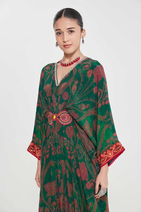 Siddhartha Bansal Green Crepe Tassels V-neck Royal Paisley Floral Kaftan at Aza Fashions Siddhartha Bansal_Green Crepe Tassels V-neck Royal Paisley Floral Kaftan _at_Aza_Fashions