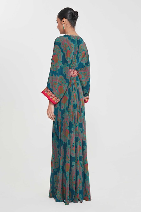 Shop_Siddhartha Bansal_Blue Crepe Beads, Embroidery V-neck Belted Paisley Print Kaftan _at_Aza_Fashions