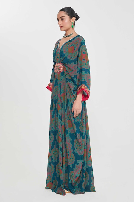 Siddhartha Bansal_Blue Crepe Beads, Embroidery V-neck Belted Paisley Print Kaftan _Online_at_Aza_Fashions
