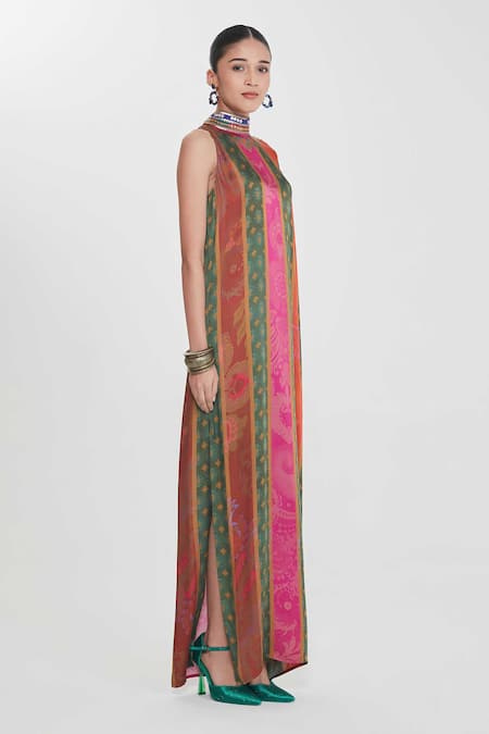 Siddhartha Bansal_Multi Color Satin Sequins High Neck Multicolored Stripe One-shoulder Dress _Online_at_Aza_Fashions