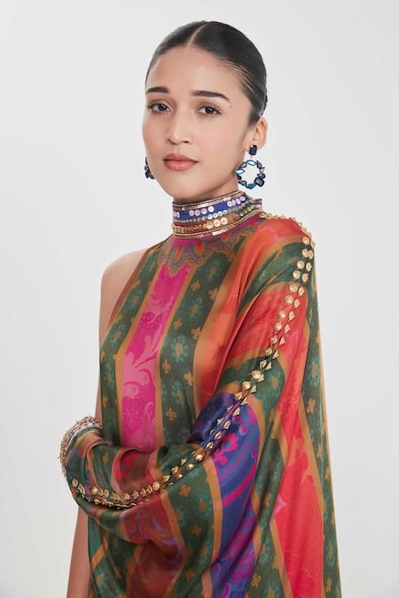 Buy_Siddhartha Bansal_Multi Color Satin Sequins High Neck Multicolored Stripe One-shoulder Dress _Online_at_Aza_Fashions