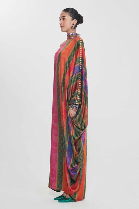 Shop_Siddhartha Bansal_Multi Color Satin Sequins High Neck Multicolored Stripe One-shoulder Dress _Online_at_Aza_Fashions