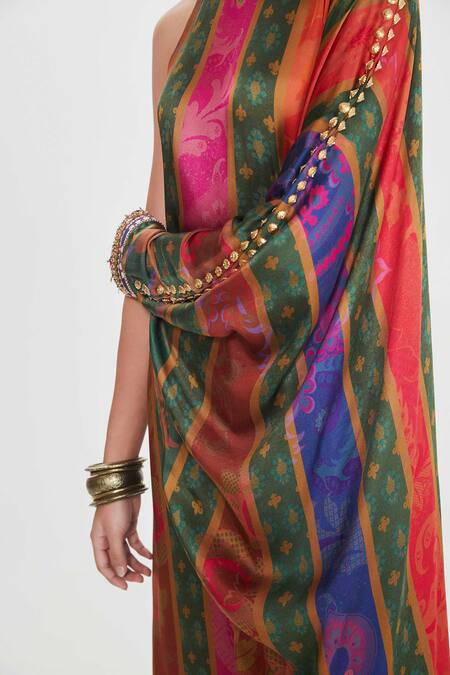 Siddhartha Bansal_Multi Color Satin Sequins High Neck Multicolored Stripe One-shoulder Dress _at_Aza_Fashions