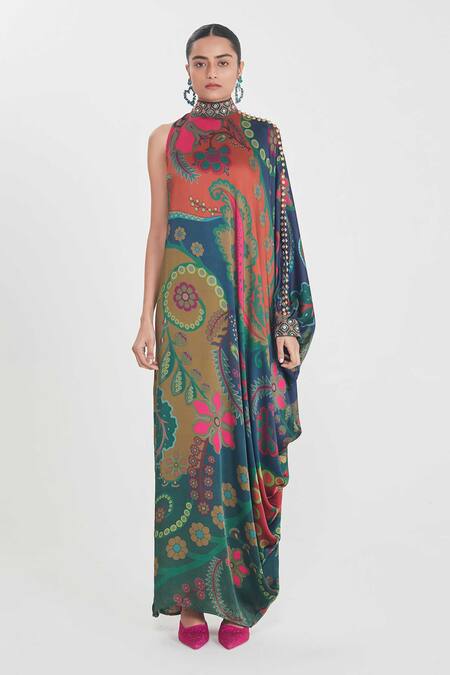 Siddhartha Bansal_Blue Satin Sequins High Neck, One Shoulder Paisley Print Maxi Dress _Online_at_Aza_Fashions