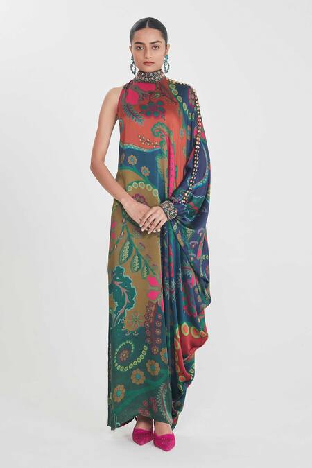 Shop_Siddhartha Bansal_Blue Satin Sequins High Neck, One Shoulder Paisley Print Maxi Dress _Online_at_Aza_Fashions