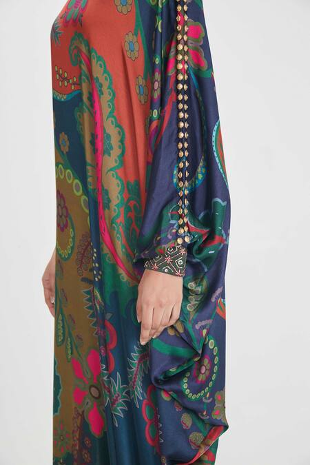 Siddhartha Bansal_Blue Satin Sequins High Neck, One Shoulder Paisley Print Maxi Dress _at_Aza_Fashions