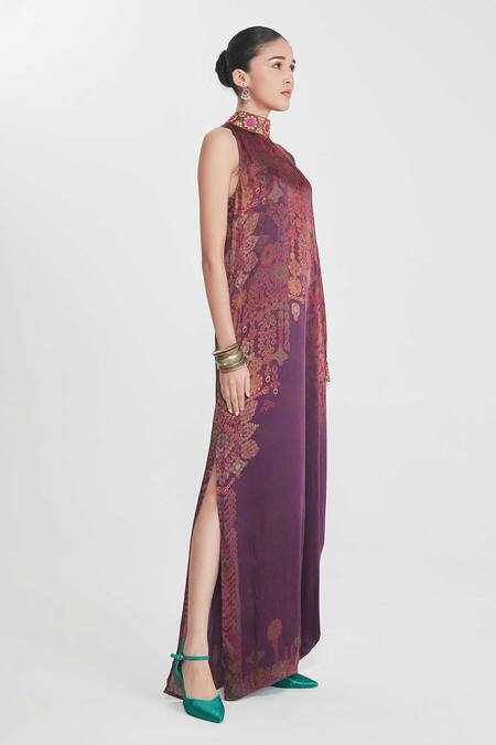 Siddhartha Bansal_Multi Color Satin Sequins, Embroidery High Neck Abstract One-shoulder Dress _Online_at_Aza_Fashions