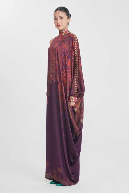 Buy_Siddhartha Bansal_Multi Color Satin Sequins, Embroidery High Neck Abstract One-shoulder Dress _Online_at_Aza_Fashions