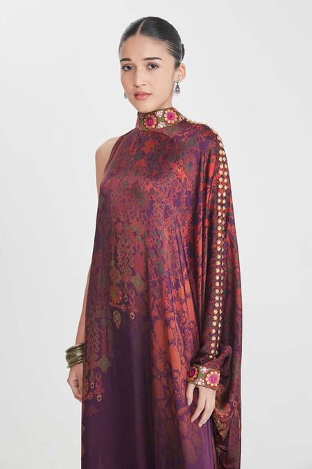 Shop_Siddhartha Bansal_Multi Color Satin Sequins, Embroidery High Neck Abstract One-shoulder Dress _Online_at_Aza_Fashions