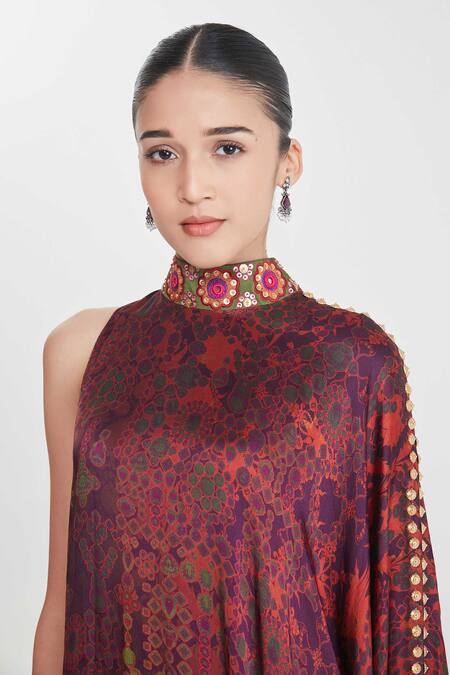 Siddhartha Bansal_Multi Color Satin Sequins, Embroidery High Neck Abstract One-shoulder Dress _at_Aza_Fashions