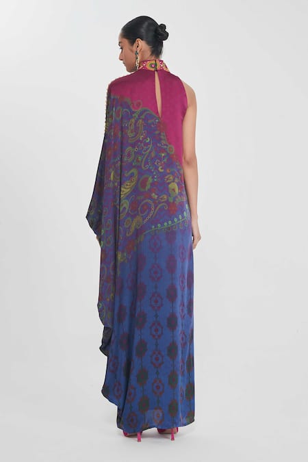 Shop_Siddhartha Bansal_Blue Satin Sequins High Neck Multicolored One-shoulder Dress _at_Aza_Fashions