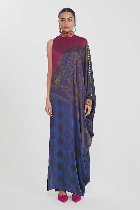 Siddhartha Bansal_Blue Satin Sequins High Neck Multicolored One-shoulder Dress _Online_at_Aza_Fashions