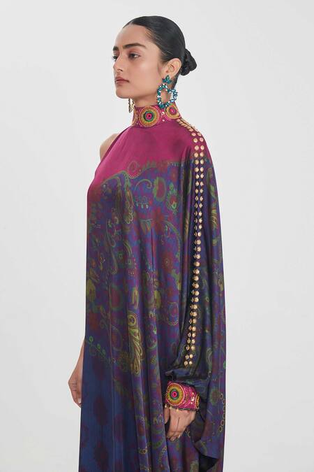 Buy_Siddhartha Bansal_Blue Satin Sequins High Neck Multicolored One-shoulder Dress _Online_at_Aza_Fashions