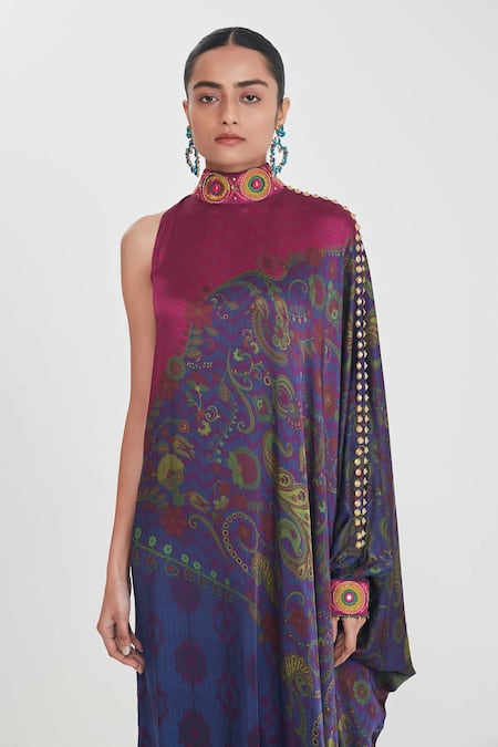 Shop_Siddhartha Bansal_Blue Satin Sequins High Neck Multicolored One-shoulder Dress _Online_at_Aza_Fashions