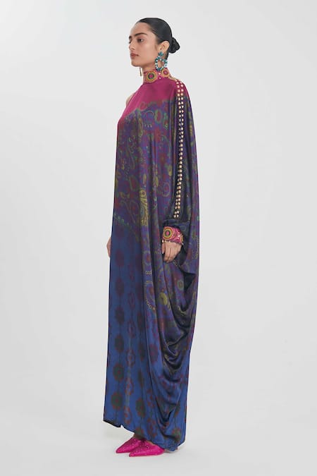 Siddhartha Bansal_Blue Satin Sequins High Neck Multicolored One-shoulder Dress _at_Aza_Fashions