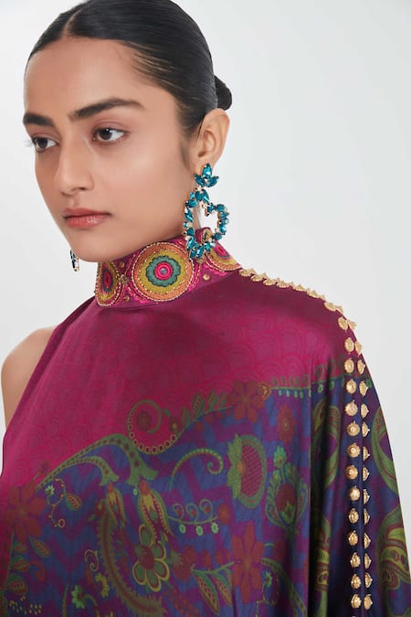 Buy_Siddhartha Bansal_Blue Satin Sequins High Neck Multicolored One-shoulder Dress 