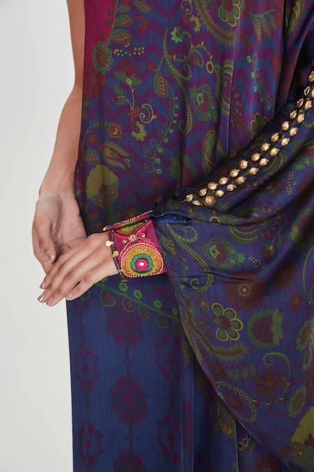 Shop_Siddhartha Bansal_Blue Satin Sequins High Neck Multicolored One-shoulder Dress 