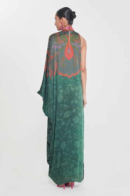 Shop Siddhartha Bansal Green Satin Sequins High Neck Paisley Print One-shoulder Dress at Aza Fashions Shop_Siddhartha Bansal_Green Satin Sequins High Neck Paisley Print One-shoulder Dress _at_Aza_Fashions