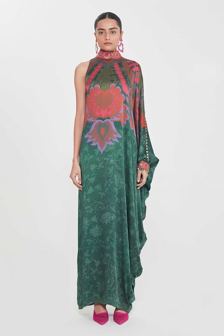 Buy Siddhartha Bansal Green Satin Sequins High Neck Paisley Print One-shoulder Dress Online at Aza Fashions Buy_Siddhartha Bansal_Green Satin Sequins High Neck Paisley Print One-shoulder Dress _Online_at_Aza_Fashions