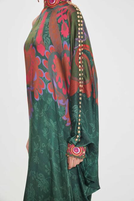 Shop Siddhartha Bansal Green Satin Sequins High Neck Paisley Print One-shoulder Dress Online at Aza Fashions Shop_Siddhartha Bansal_Green Satin Sequins High Neck Paisley Print One-shoulder Dress _Online_at_Aza_Fashions