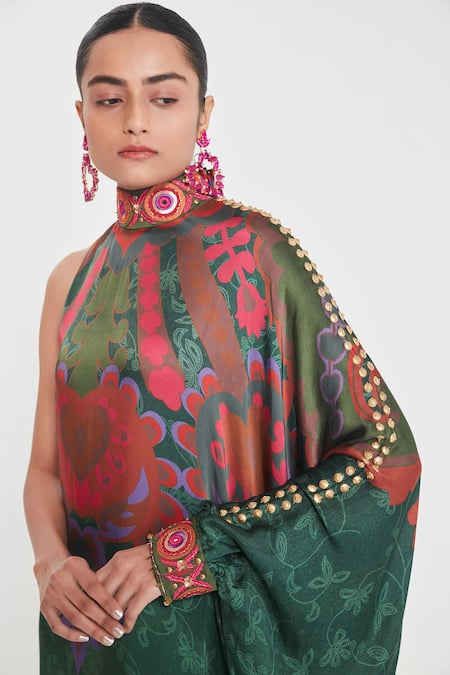 Siddhartha Bansal Green Satin Sequins High Neck Paisley Print One-shoulder Dress at Aza Fashions Siddhartha Bansal_Green Satin Sequins High Neck Paisley Print One-shoulder Dress _at_Aza_Fashions