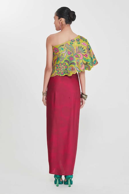 Shop_Siddhartha Bansal_Multi Color Linen, Satin Floral Embroidered One-shoulder Top And Skirt Set _at_Aza_Fashions