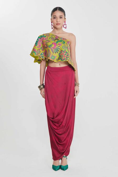 Siddhartha Bansal_Multi Color Linen, Satin Floral Embroidered One-shoulder Top And Skirt Set _Online_at_Aza_Fashions