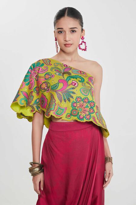 Buy_Siddhartha Bansal_Multi Color Linen, Satin Floral Embroidered One-shoulder Top And Skirt Set _Online_at_Aza_Fashions