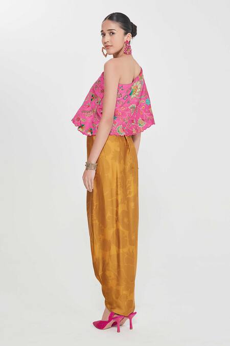 Siddhartha Bansal_Pink Linen, Satin Metallic Thread One-shoulder Embroidered Top And Draped Skirt _Online_at_Aza_Fashions