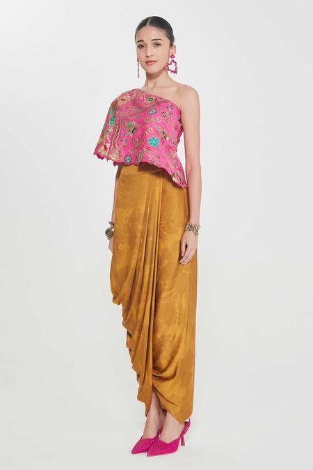 Buy_Siddhartha Bansal_Pink Linen, Satin Metallic Thread One-shoulder Embroidered Top And Draped Skirt _Online_at_Aza_Fashions
