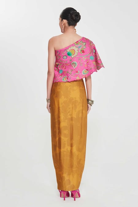 Shop_Siddhartha Bansal_Pink Linen, Satin Metallic Thread One-shoulder Embroidered Top And Draped Skirt _at_Aza_Fashions