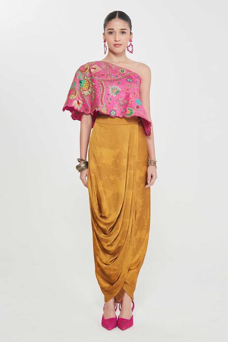 Shop_Siddhartha Bansal_Pink Linen, Satin Metallic Thread One-shoulder Embroidered Top And Draped Skirt _Online_at_Aza_Fashions