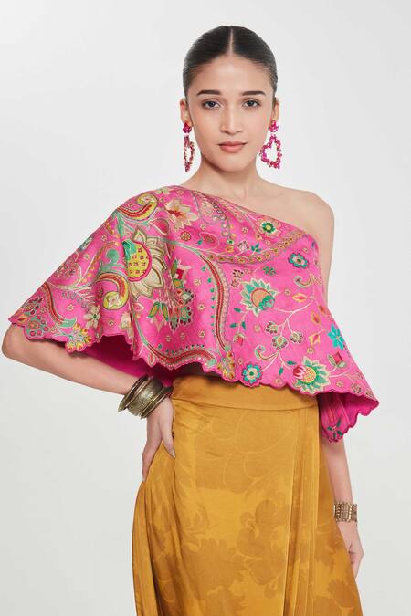Siddhartha Bansal_Pink Linen, Satin Metallic Thread One-shoulder Embroidered Top And Draped Skirt _at_Aza_Fashions