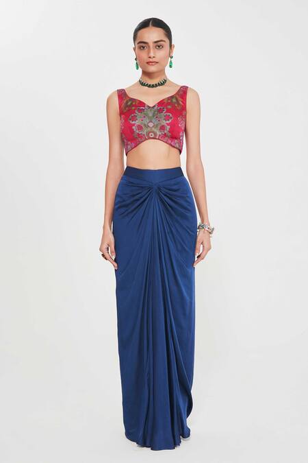 Siddhartha Bansal_Red Linen, Crepe, Satin Sequins, Embroidered Border Shrug And Draped Skirt Set _Online_at_Aza_Fashions