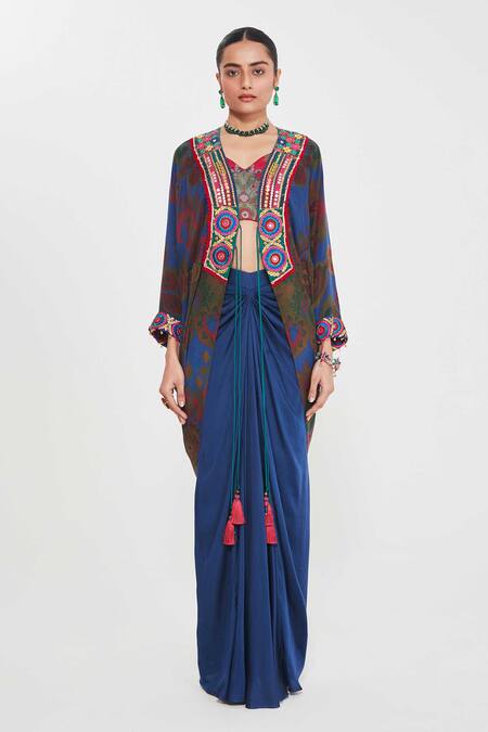 Buy_Siddhartha Bansal_Red Linen, Crepe, Satin Sequins, Embroidered Border Shrug And Draped Skirt Set _Online_at_Aza_Fashions