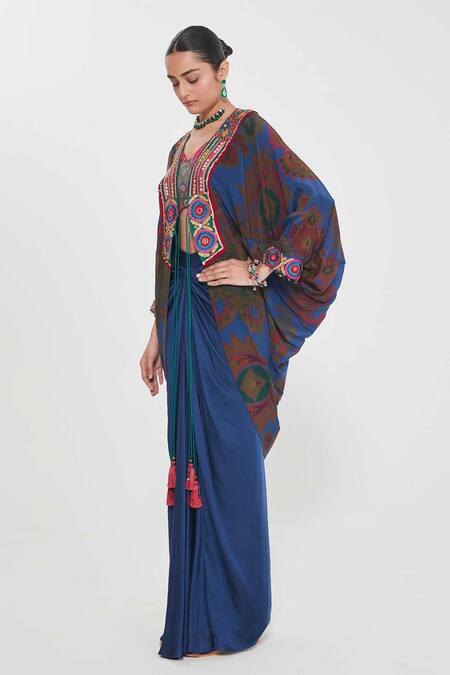 Shop_Siddhartha Bansal_Red Linen, Crepe, Satin Sequins, Embroidered Border Shrug And Draped Skirt Set _Online_at_Aza_Fashions