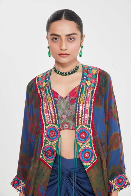 Siddhartha Bansal_Red Linen, Crepe, Satin Sequins, Embroidered Border Shrug And Draped Skirt Set _at_Aza_Fashions