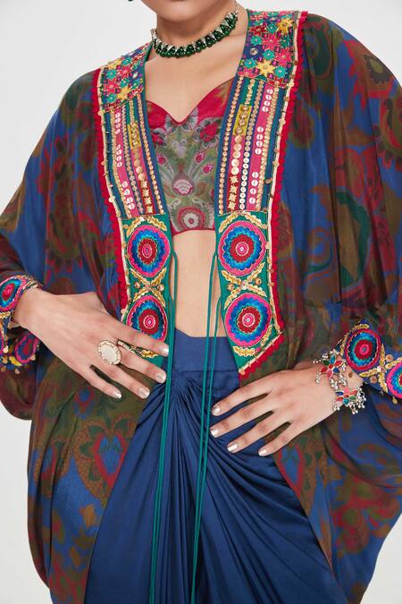 Buy_Siddhartha Bansal_Red Linen, Crepe, Satin Sequins, Embroidered Border Shrug And Draped Skirt Set 