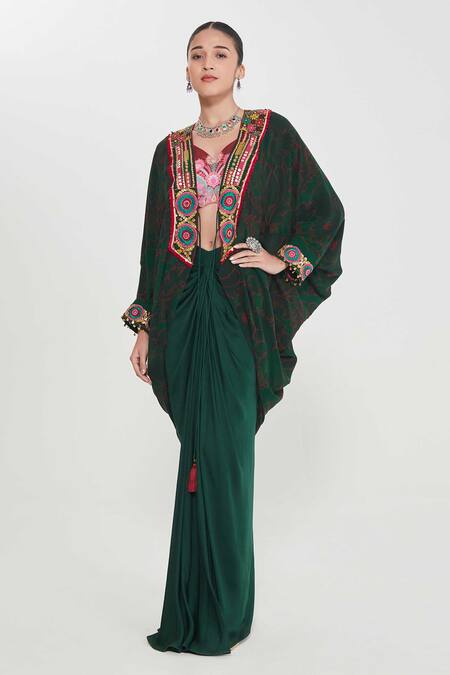 Buy_Siddhartha Bansal_Pink Linen, Satin, Crepe Sequins, Embroidery Border Shrug And Draped Skirt Set _Online_at_Aza_Fashions