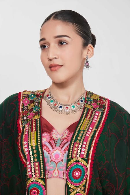 Shop_Siddhartha Bansal_Pink Linen, Satin, Crepe Sequins, Embroidery Border Shrug And Draped Skirt Set _Online_at_Aza_Fashions