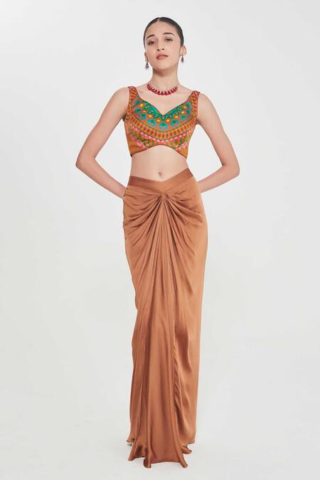 Siddhartha Bansal_Orange Linen, Satin, Crepe Sequins, Embroidery Shrug And Draped Skirt Set _Online_at_Aza_Fashions