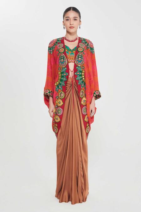 Buy_Siddhartha Bansal_Orange Linen, Satin, Crepe Sequins, Embroidery Shrug And Draped Skirt Set _Online_at_Aza_Fashions