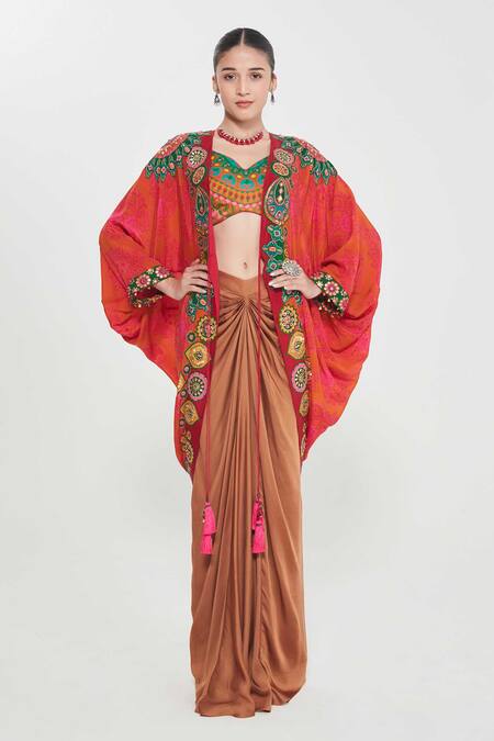Shop_Siddhartha Bansal_Orange Linen, Satin, Crepe Sequins, Embroidery Shrug And Draped Skirt Set _Online_at_Aza_Fashions