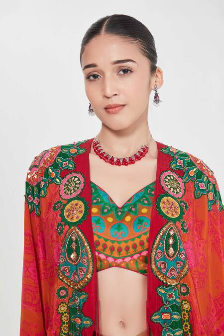 Siddhartha Bansal_Orange Linen, Satin, Crepe Sequins, Embroidery Shrug And Draped Skirt Set _at_Aza_Fashions