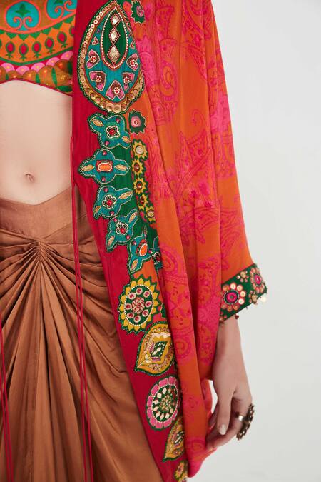 Buy_Siddhartha Bansal_Orange Linen, Satin, Crepe Sequins, Embroidery Shrug And Draped Skirt Set 